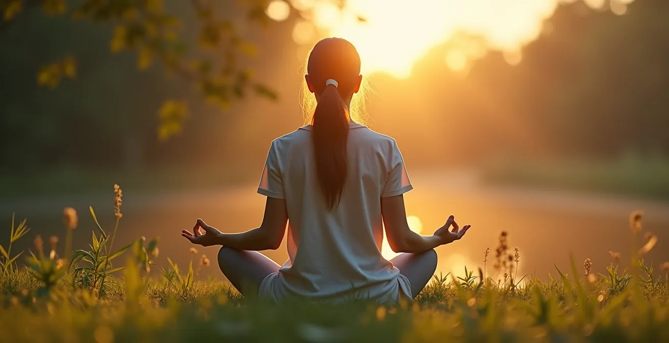 Personne en pose méditative extérieure avec lumière douce naturelle et environnement paisible pour symboliser la gestion du stress