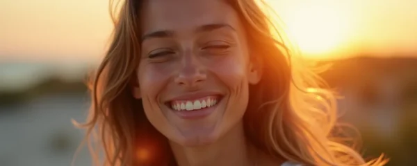 Photo réaliste d'une personne sereine au lever du soleil, avec un visage détendu et un fond naturel minimaliste, capturant la tranquillité et la vitalité apportées par le magnésium marin