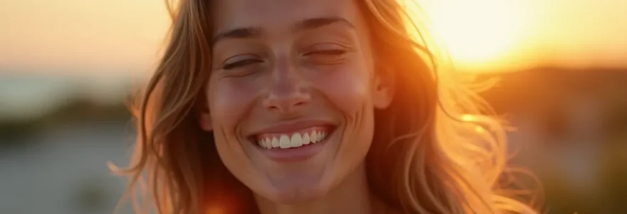 Photo réaliste d'une personne sereine au lever du soleil, avec un visage détendu et un fond naturel minimaliste, capturant la tranquillité et la vitalité apportées par le magnésium marin