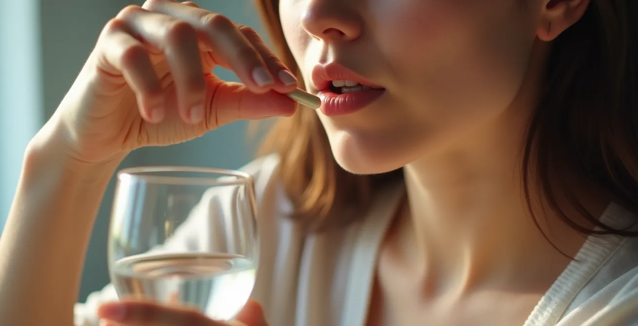 Photo réaliste d'une personne intégrant un complément alimentaire dans sa routine quotidienne avec lumière naturelle douce