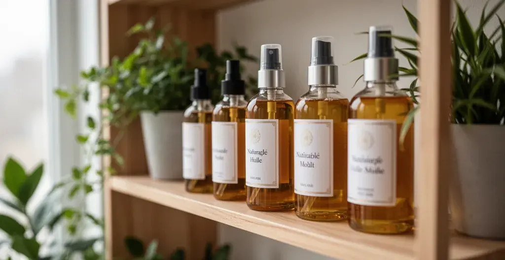 Flacons d'huile CBD alignés sur une étagère en bois de boutique française