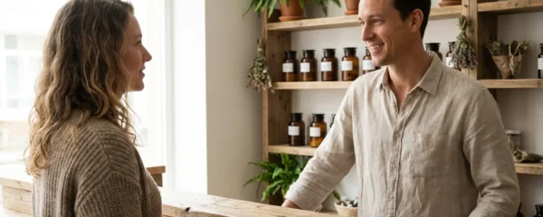 Cliente écoutant les conseils d'un vendeur dans une boutique CBD française