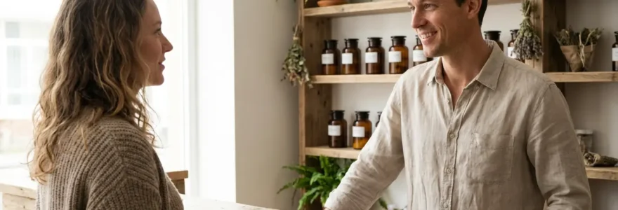 Cliente écoutant les conseils d'un vendeur dans une boutique CBD française