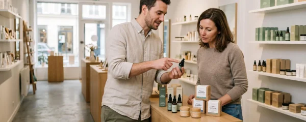 Conseiller dans une boutique CBD française présentant des produits à une cliente lors d'une consultation