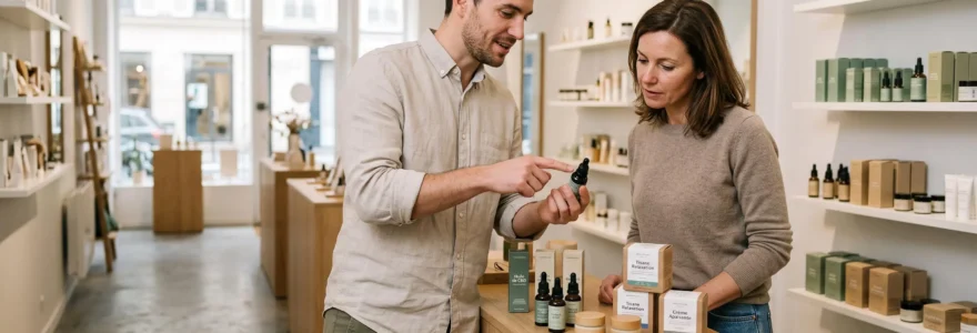 Conseiller dans une boutique CBD française présentant des produits à une cliente lors d'une consultation