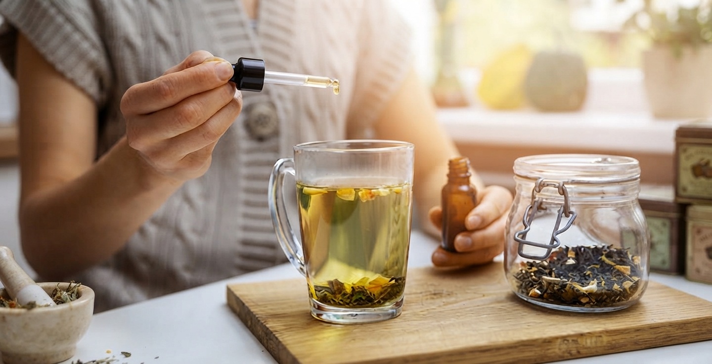 Femme utilisant une pipette d'huile CBD dans sa cuisine lors de sa routine matinale bien-être