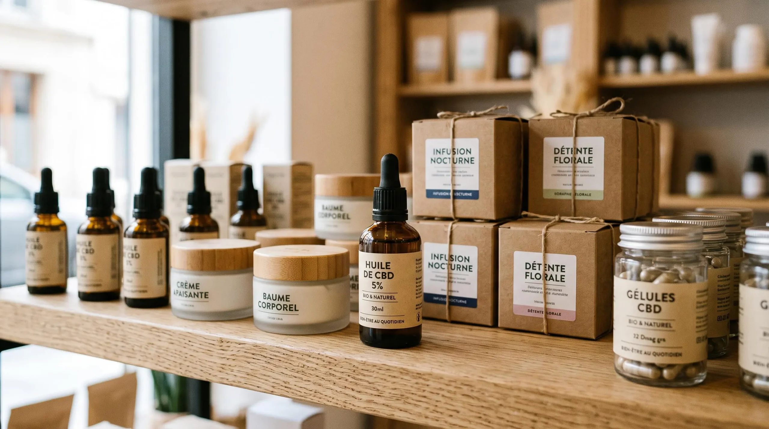 Étagère présentant une variété de produits CBD incluant huiles, cosmétiques, tisanes et gélules dans une boutique française