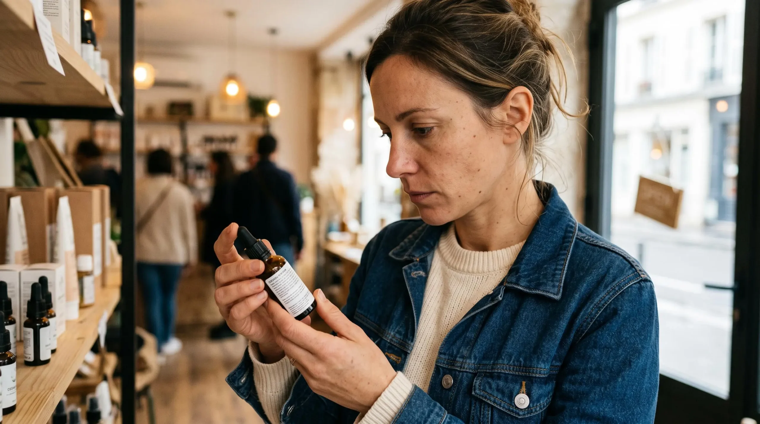 Cliente lisant attentivement l'étiquette d'un flacon d'huile CBD dans une boutique spécialisée